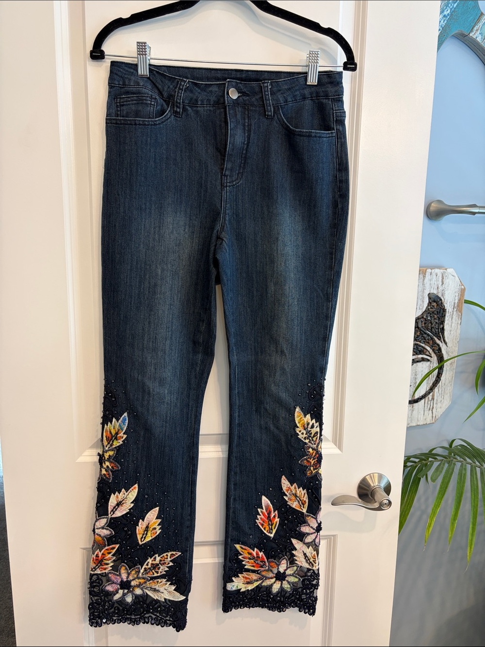 Soft Surroundings Dark Blue Jeans with Black-beaded Floral Embroidery